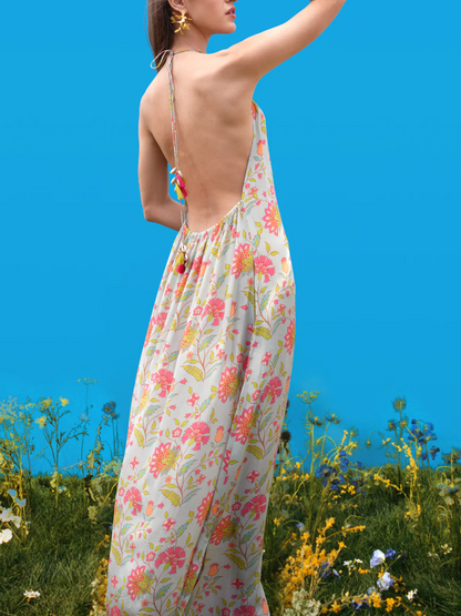 Halter-Back Hand-Drawn Prints Maxi Dress